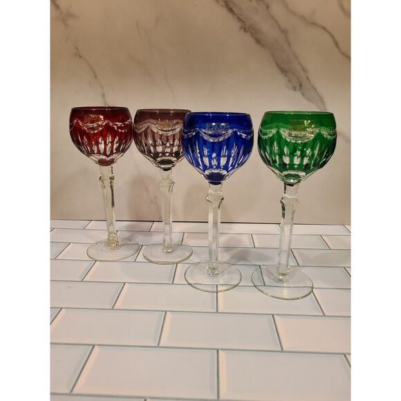 FIFTH AVENUE PRINCESS Set of 4 Cut-To-Clear Wine Goblets Green-Purple-Blue-Red - Picture 2 of 16